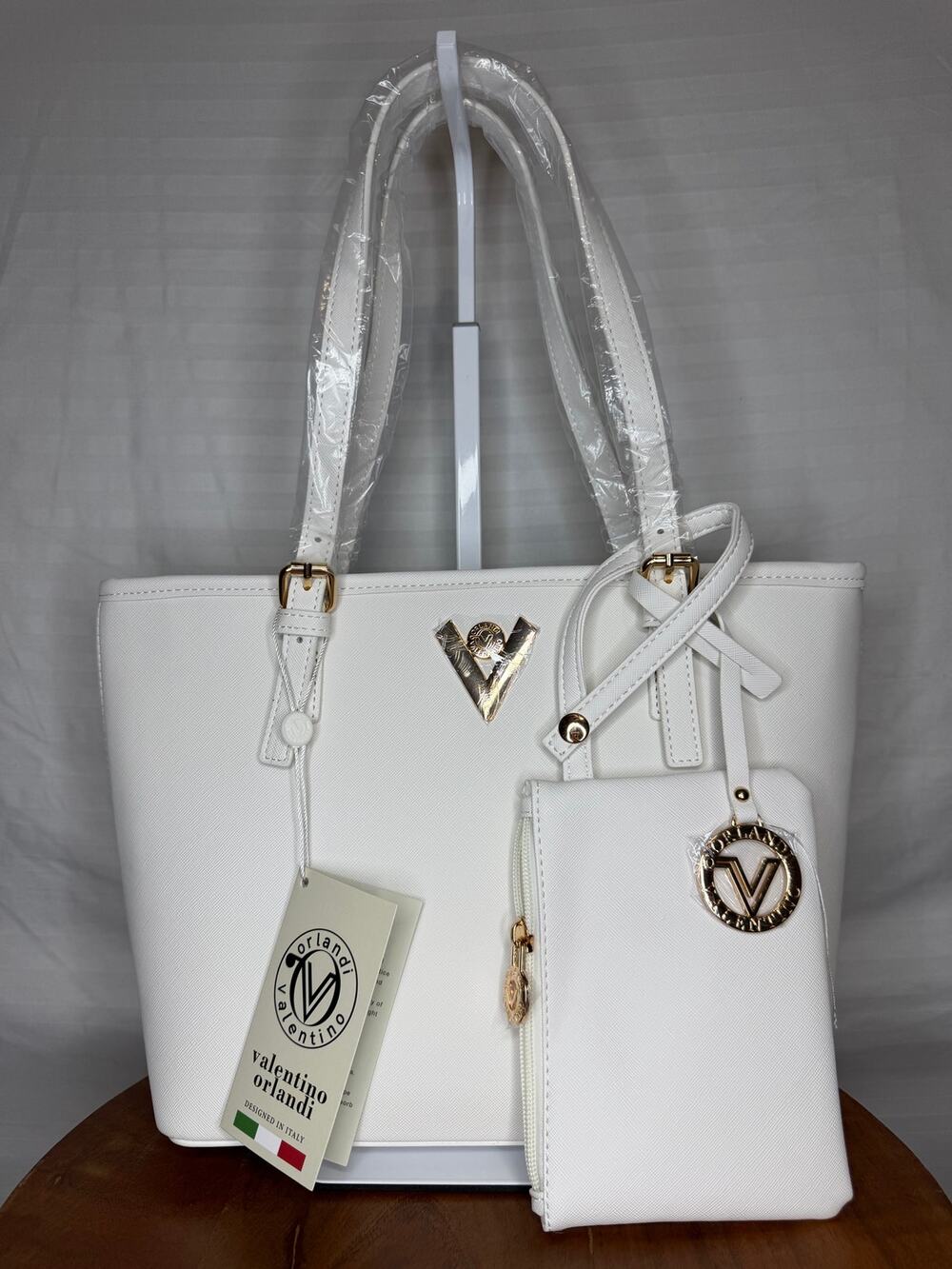 Valentino Orlandi Natalia Tote White NWT Vegan Leather w Matching Pouch (#2)